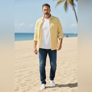 GAP Unisex Butter Yellow Linen Casual Layered Button Down Shirt